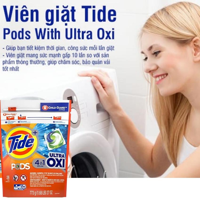 Viên giặt xả Tide Pods Ultra Oxi 4 in 1 của Mỹ đánh bay mọi vết bẩn và khử mùi ẩm mốc Túi 26 viên có tác lẻ FAMACOCO