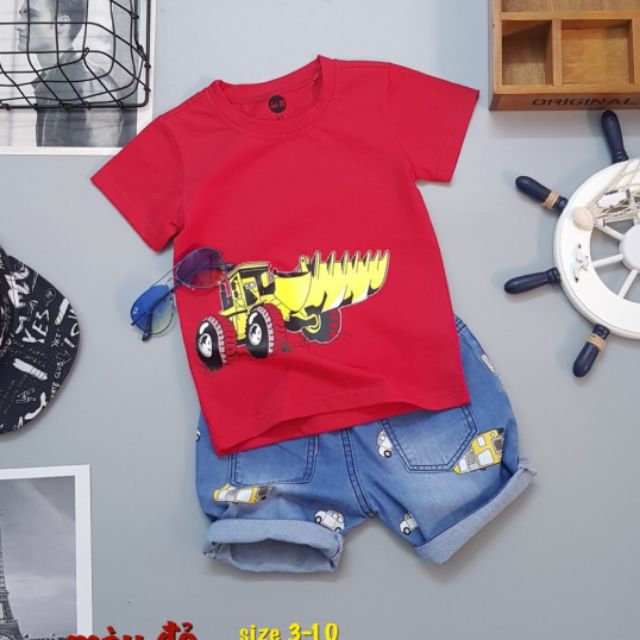 Bộ jean in hình xe bé trai