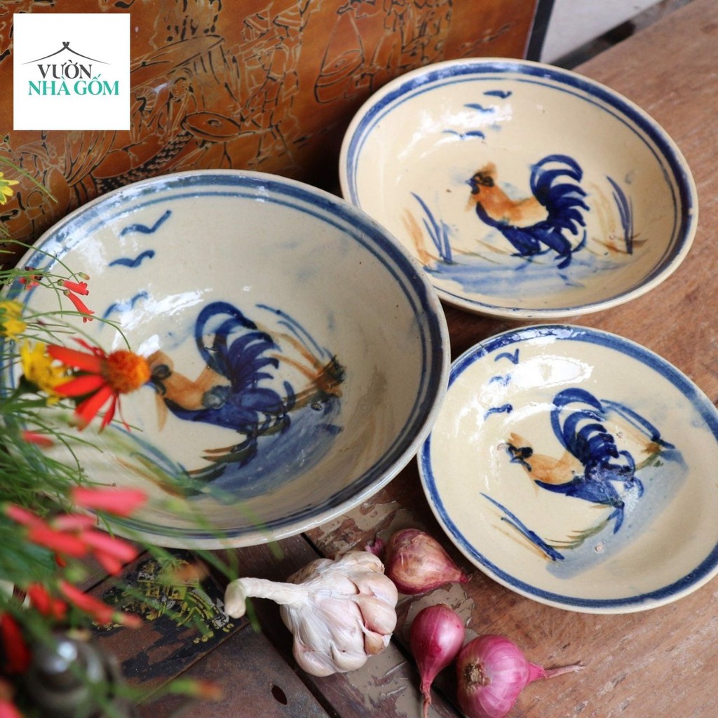 Set 10 dĩa vẽ con gà, dĩa đựng thức ăn, dĩa xưa, dĩa gốm lái thiêu- Vườn Nhà Gốm