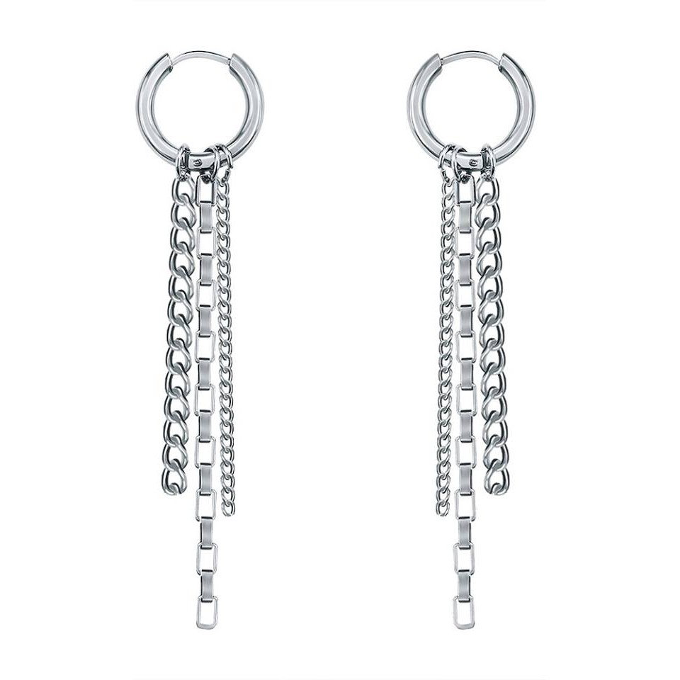 Triple Chain Hoop Earring khuyên tai titan phối xích không gỉ không đen không dị ứng nam nữ Unisex