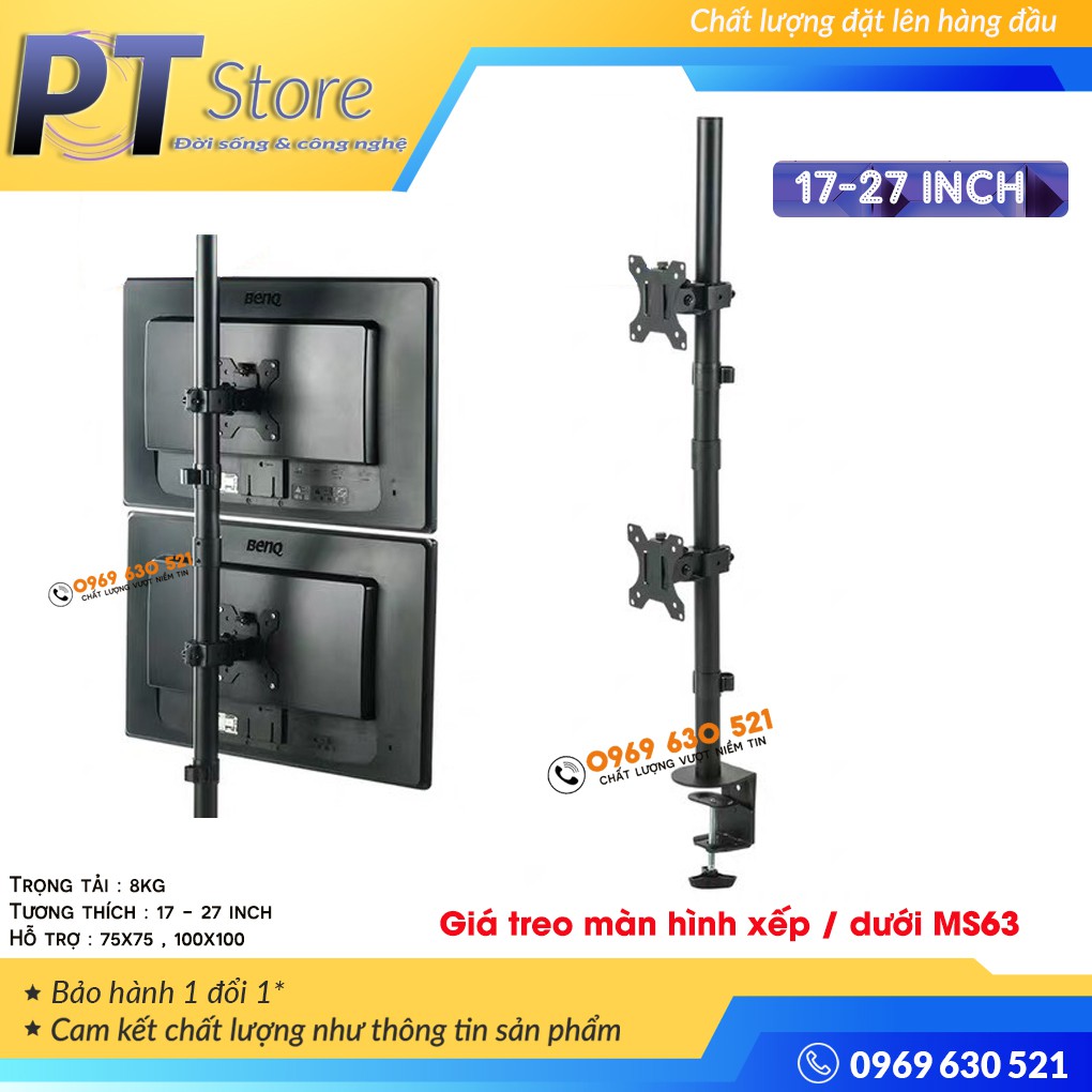 Giá Treo 2 Màn Hình 17 – 27 Inch Kẹp Bàn M063 Trụ Cao 80 Cm - Xếp Màn Trên / Dưới - Xoay Màn 360°