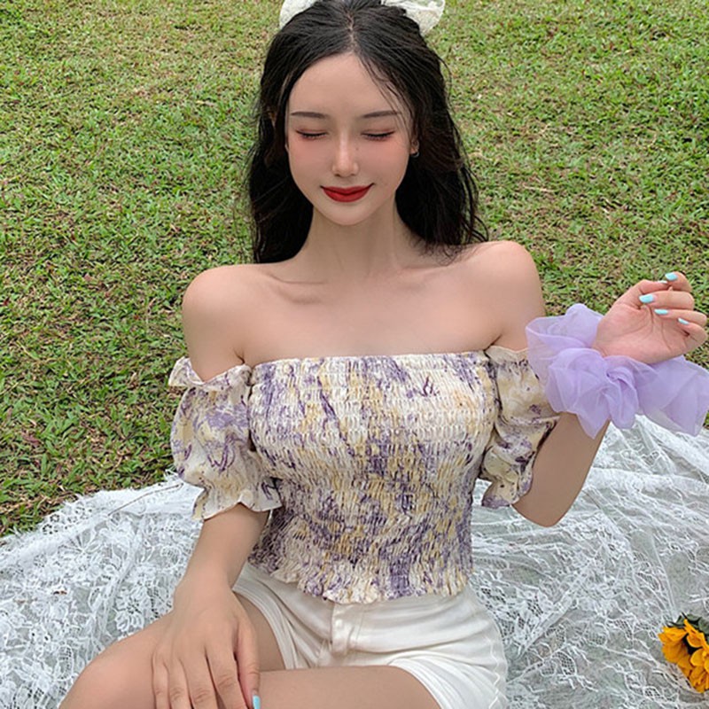 Áo Kiểu Chất Chiffon Tay Ngắn Thiết Kế Trễ Vai Quyến Rũ