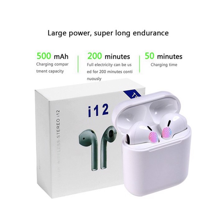 Tai nghe Bluetooth không dây 5.0 i12 TWS - cảm ứng hai bên