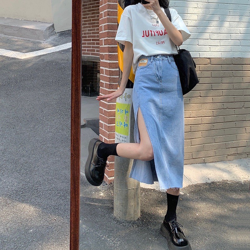 [Có sẵn+ảnh thật] Chân váy xẻ tà jean đính tag  mẫu summer 2021 | BigBuy360 - bigbuy360.vn