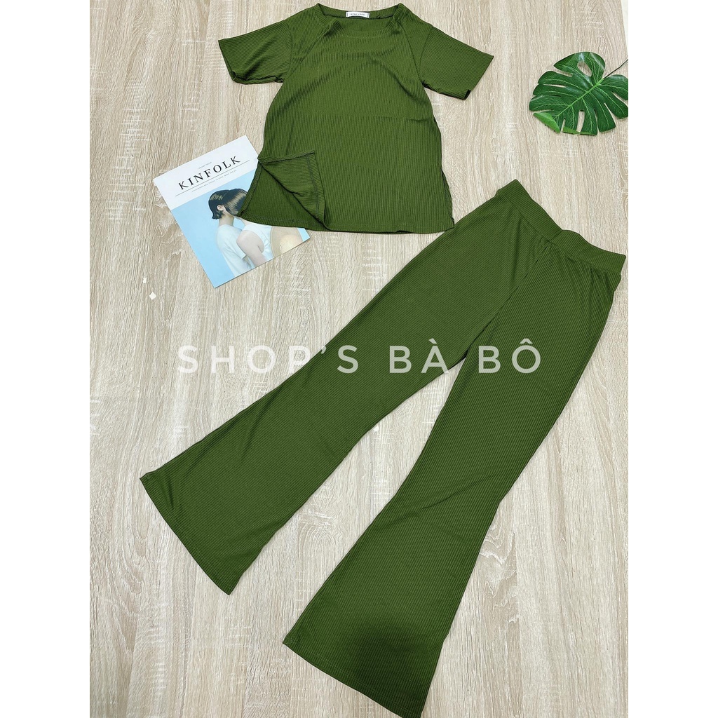 Bộ mặc nhà nữ, chất thun len tăm co giãn, vải mát, áo xẻ tà hai bên, quần ống loe