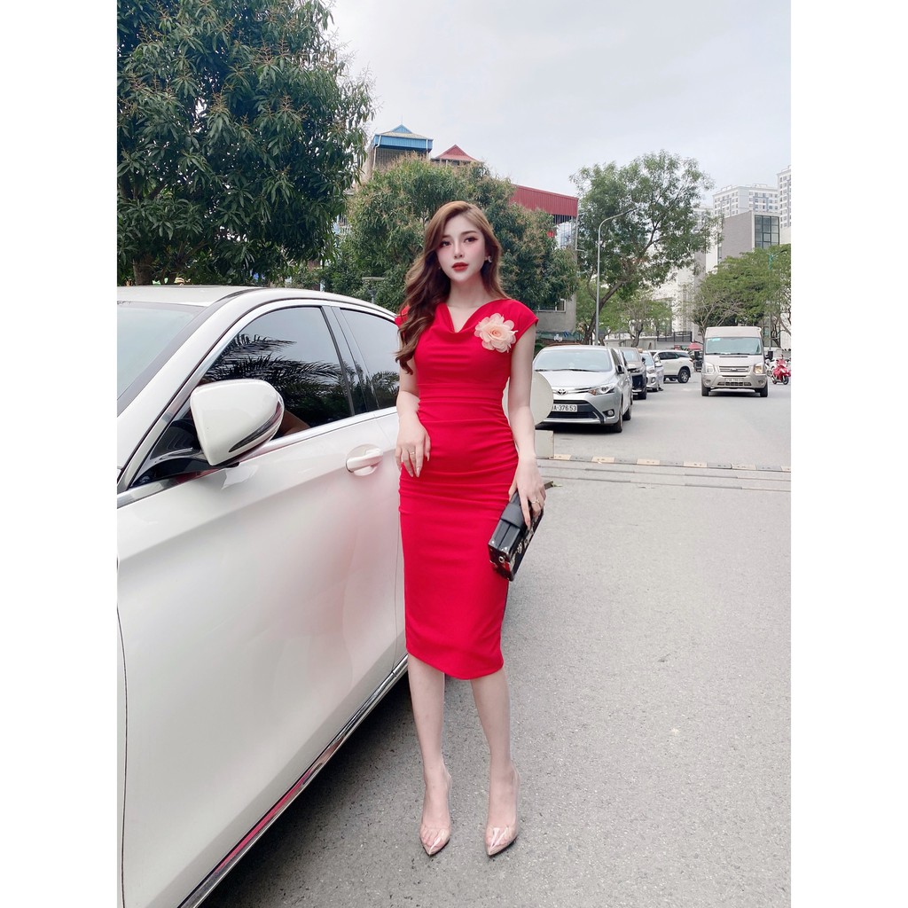 Đầm body cổ chéo,đính hoa dáng ôm tay ngắn, cao cấp sang chảnh dự tiệc công sở màu đỏ Nancy A45 | BigBuy360 - bigbuy360.vn