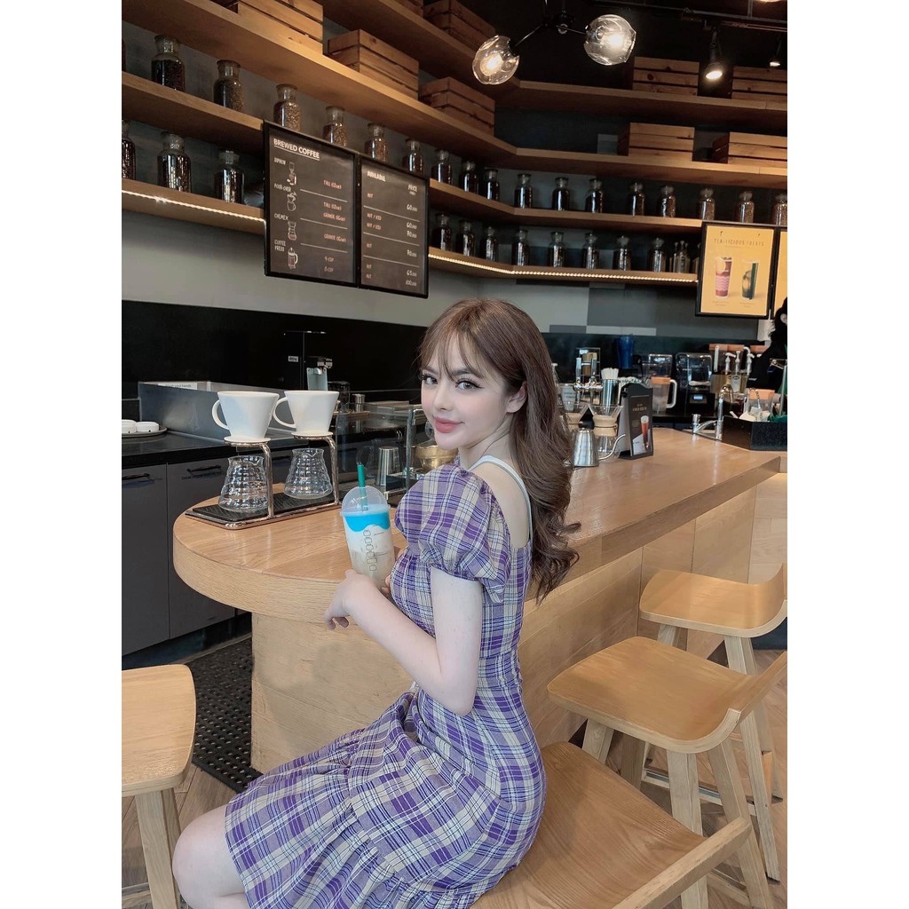 Đầm cánh tiên caro nút vàng đuôi cá mới về siêu xinh