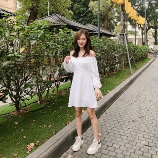 [KÈM QUÀ TẶNG] Đầm nút bọc tay phồng buộc nơ