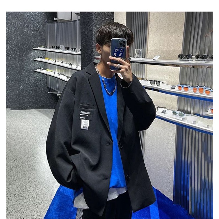 ÁO KHOÁC BlAZER FORM RỘNG T-A-N phong cách Hàn Quốc AV02 thời trang unisex size nam nữ dể phối đồ màu den in ngực