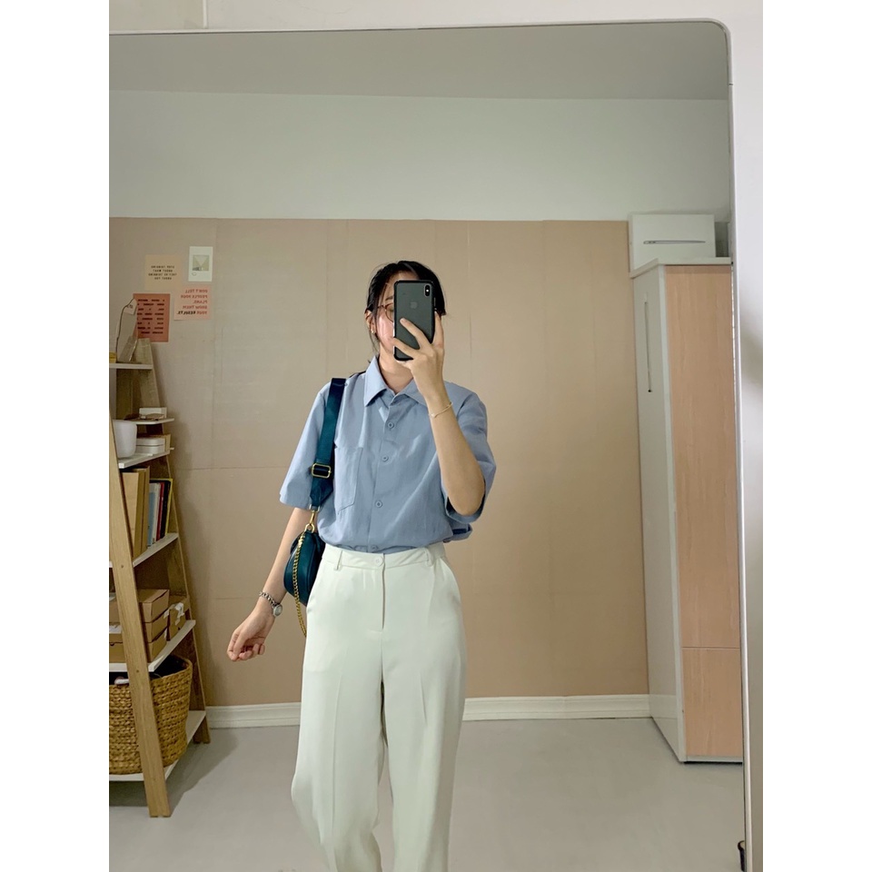 Áo sơmi Freesize tay ngắn chất liệu Kate dày dặn có túi phong cách Hàn