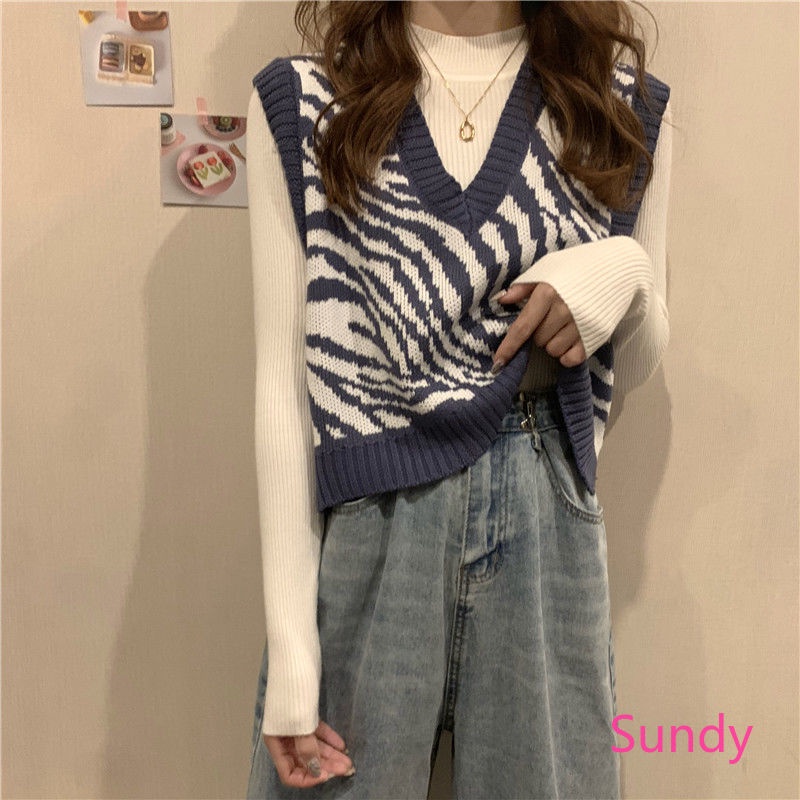 Áo len không tay cổ chữ v dáng rộng in họa tiết ngựa vằn thời trang mùa đông cho nữ