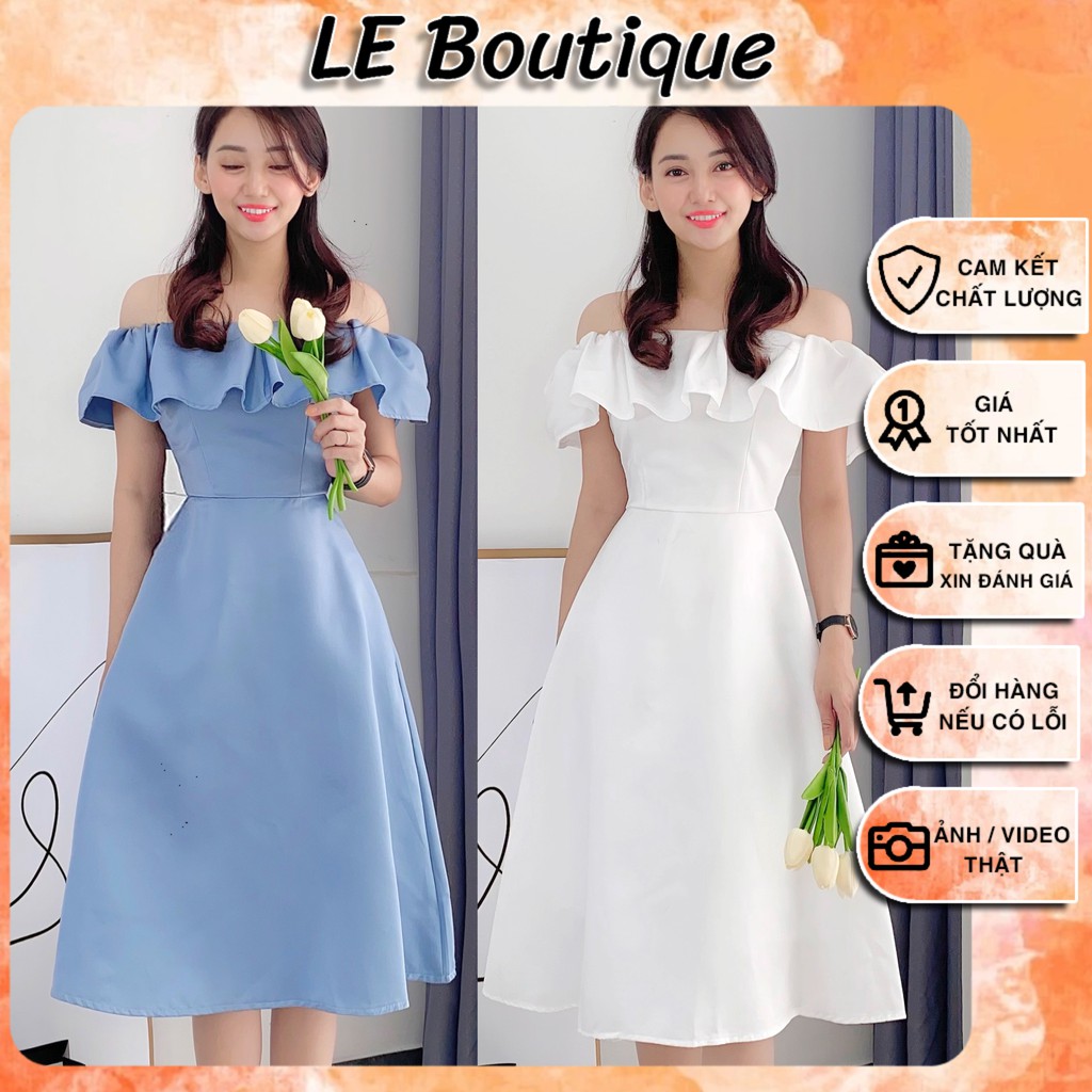 [ẢNH VIDEO THẬT] Đầm Tiểu Thư Cô Dâu, Xòe, bẹp vai, Khoe vai, Tafta, Trắng, Xanh