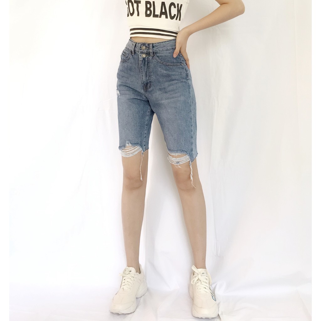 Quần Jean Ngố Body Rách Gối KAVO BLUE Dáng Ôm Màu Xanh Cạp Cao