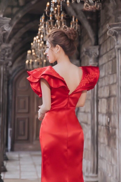 Đầm ạ hội bèo vai 2 tầng đính hoa 3 D
