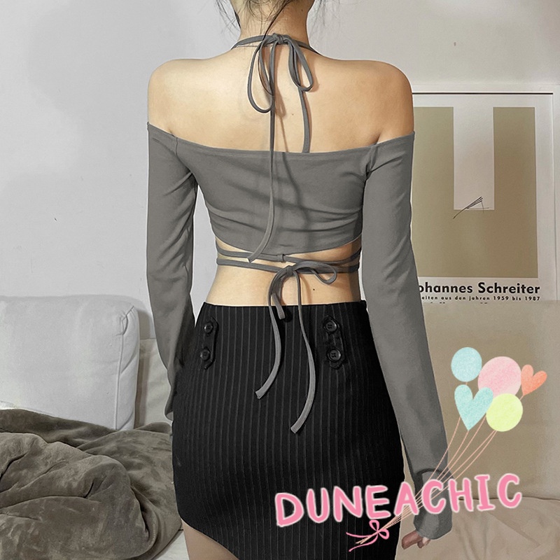 Áo Kiểu Tay Dài Trễ Vai Phối Dây Thắt Xinh Xắn Cho Nữ