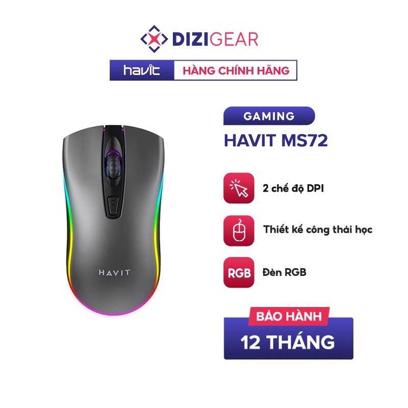 Chuột Có Dây HAVIT MS72 Độ Nhạy Lên Đến 1200 DPI , Có Đèn RGB - Chính Hãng Bảo Hành 12 Tháng Dizigear