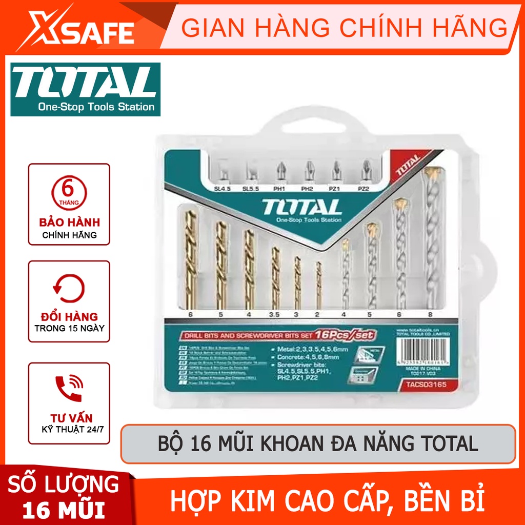 Bộ 16 mũi khoan bê tông và đầu bắn vít TOTAL TACSD3165 Bộ mũi khoan đa năng bao gồm 6 mũi khoan xoắn,4 mũi khoan bê tông