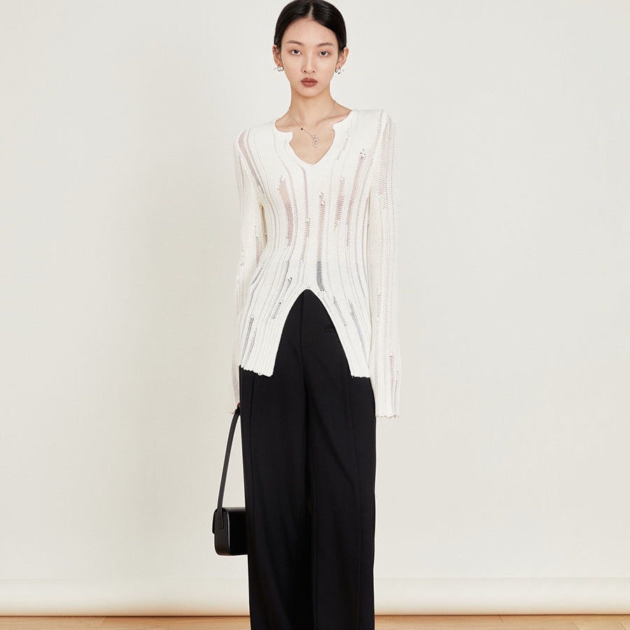 Áo Sweater Dệt Kim Tay Dài Cổ Chữ v Khoét Lỗ Độc Đáo Thời Trang 2022 Cho Nữ