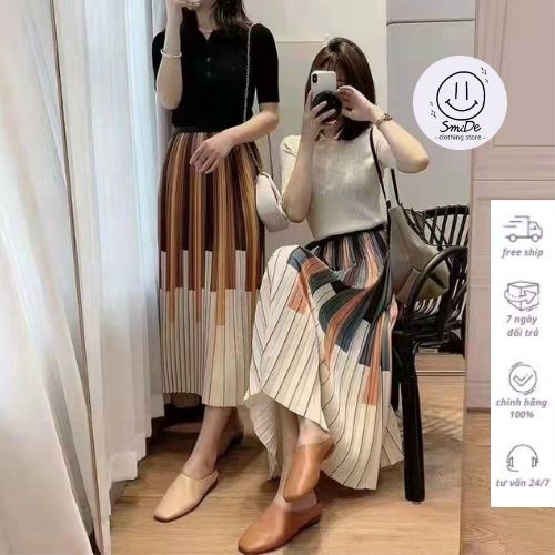 Chân Váy Xếp Ly Họa Tiết Màu Tương Phản | Smide Clothing