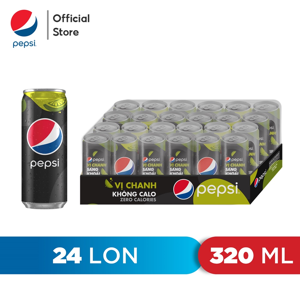 Thùng 24 Lon Nước Uống Có Gaz Pepsi Vị Chanh Không Calo (320ml/Lon)