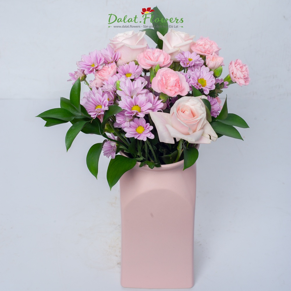Bình gốm vuông đáy Dalat.flowers - Bình cắm hoa trang trí nhà cửa, văn phòng