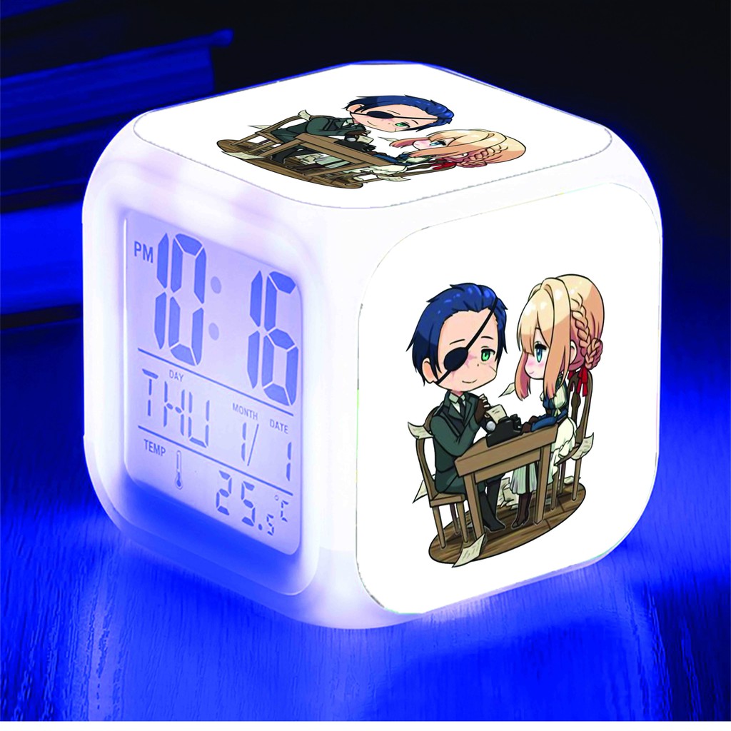 Đồng hồ báo thức để bàn in hình VIOLET EVERGARDEN chibi anime đèn LED đổi màu