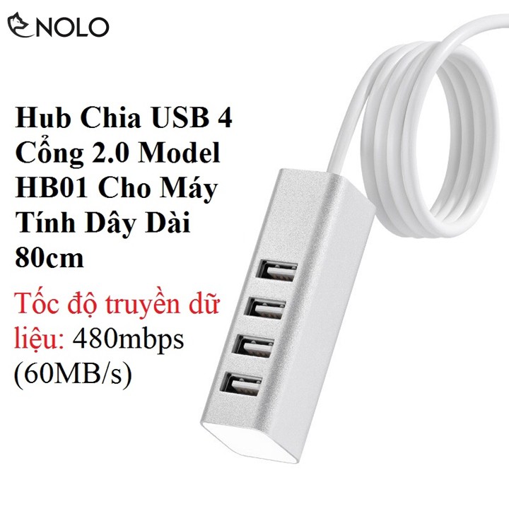 Hub Bộ Chia USB 4 Cổng 2.0 Model HB01 Cho Máy Tính Dây Dài 80cm