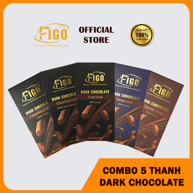 [Chính hãng] Combo 5 Thanh Dark Chocolate đen 100gr gồm Dark 100% nguyên chất; 100% Diet; 90%; 85%; 70% Cacao Figo