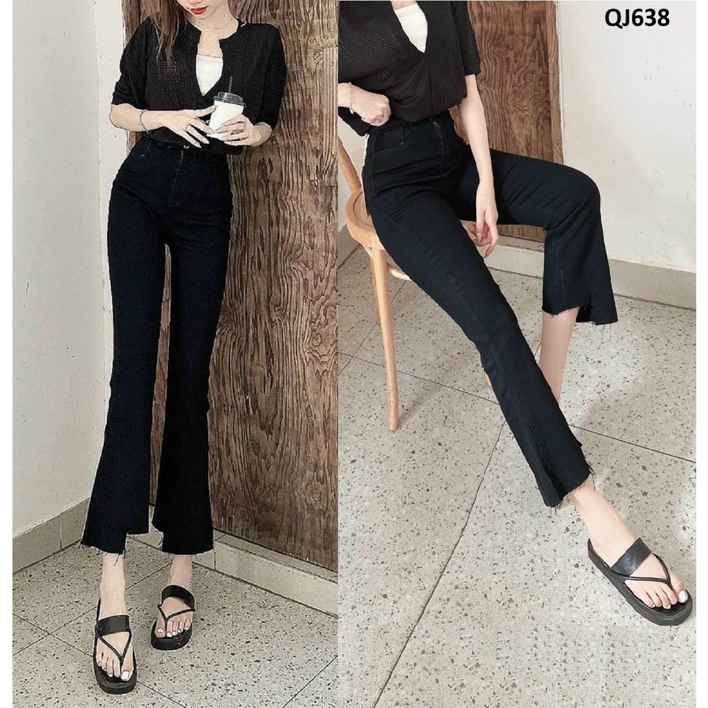 Quần jeans ống loe - pass rách gấu màu đen QJ638