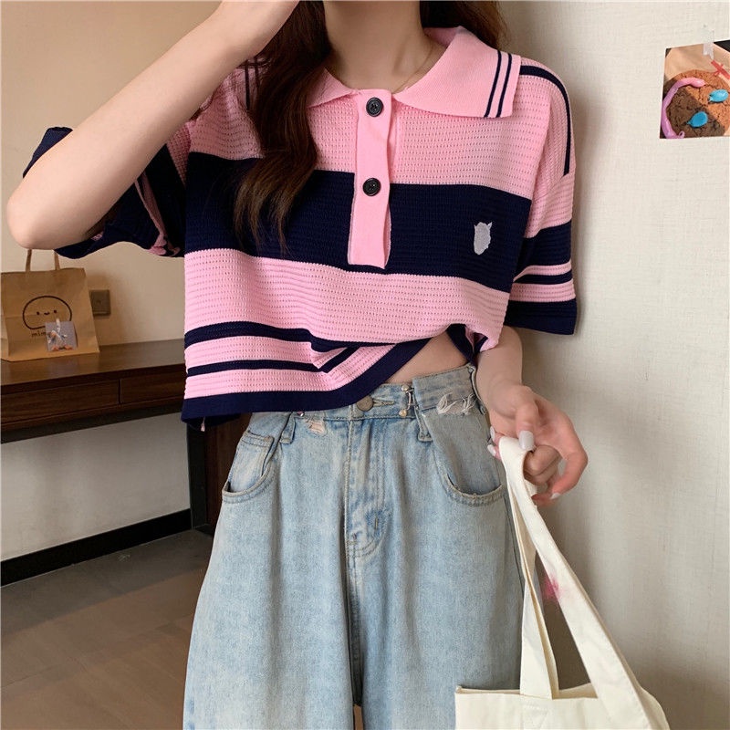 áo croptop Áo polo Dệt Kim Ngắn Tay Họa Tiết Kẻ Sọc Thời Trang Cho Nữ JL-TX-172
