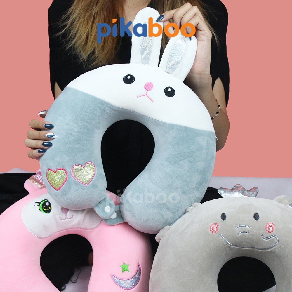 (Summer Sale 50%) Gối kê cổ kèm miếng che mắt cao cấp Pikaboo, vải cotton nhung lông mịn mềm co dãn, bông 3D tinh khiết