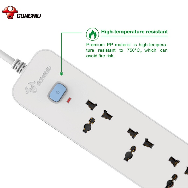 Ổ Cắm Điện Gongniu 3 Ổ Đa Năng + 2 USB 1 công tắc 2500W/10A Dây Dài 1.8m – N103U