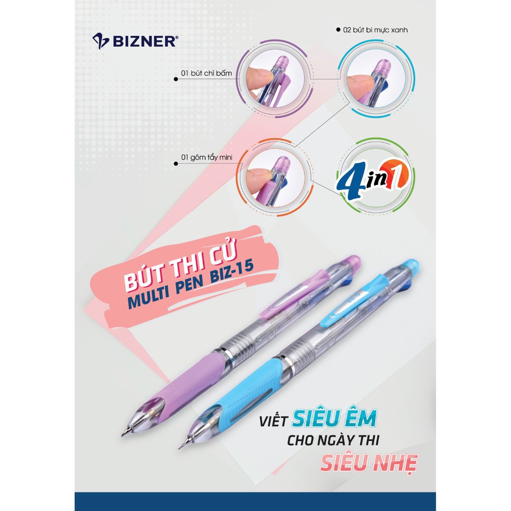 Bút Đa Năng Bizner 4 In 1 - 2 bút bi mực xanh, 1 bút chì bấm, 1 gôm tẩy mini (vỉ 1 cây)