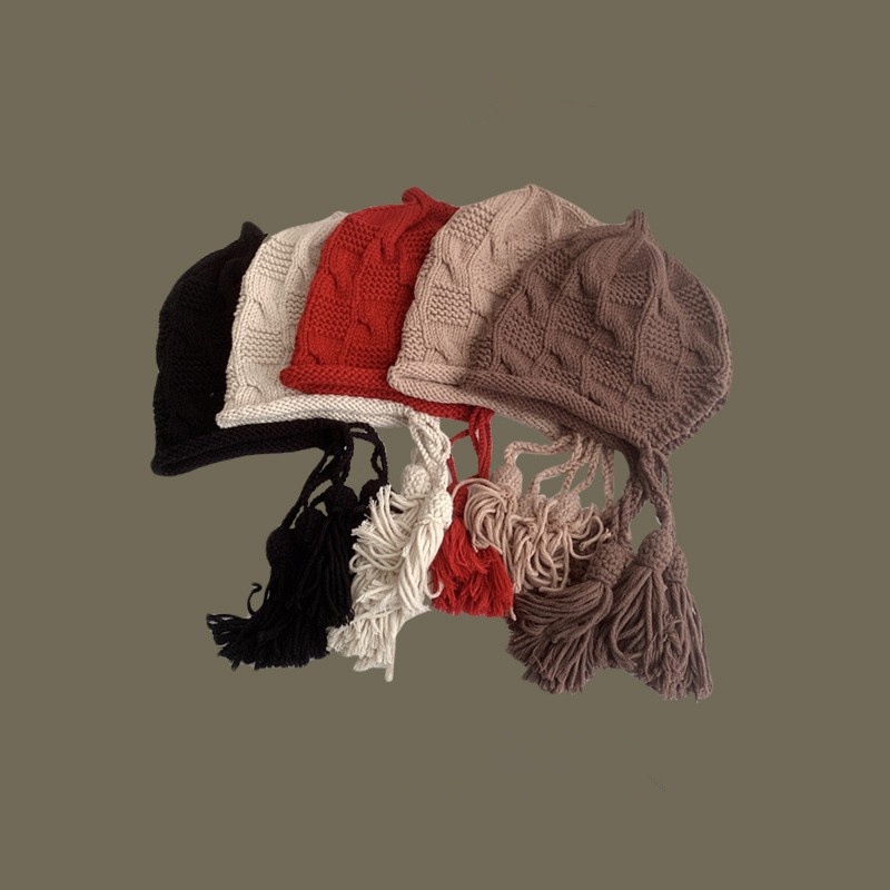 Mũ Len Bảo Vệ Tai Phối Tua Rua Thời Trang Thu Đông Cho Nữ