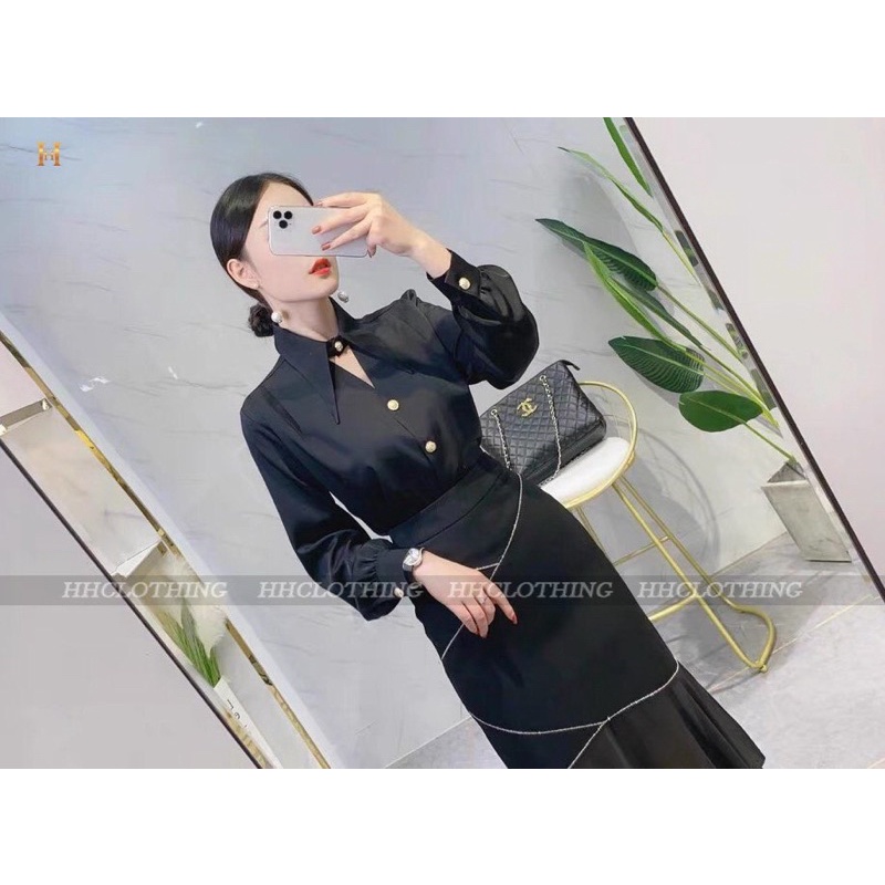 Áo sơ mi cổ nhọn, chân váy đuôi cá - HH Clothing
