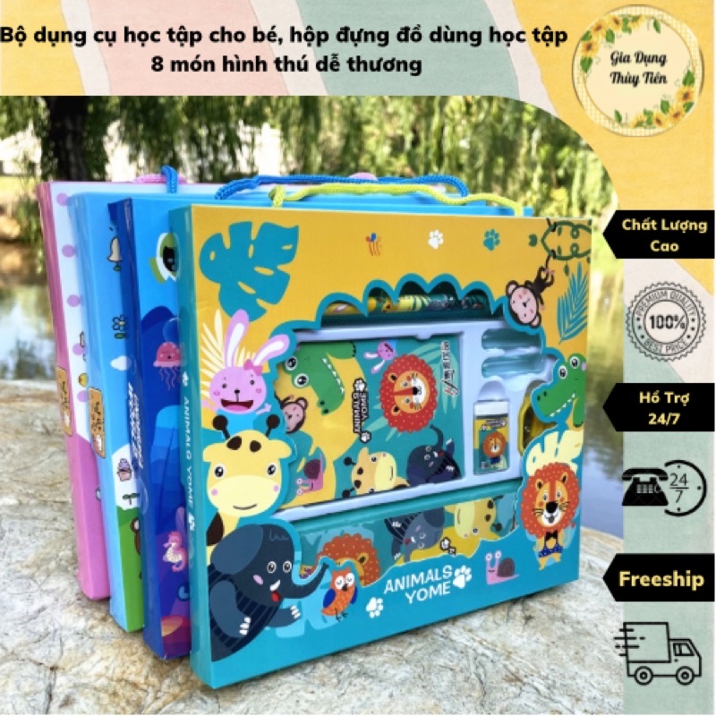 Bộ dụng cụ học tập cho bé, hộp đựng đồ dùng học tập 8 món hình thú dễ thương