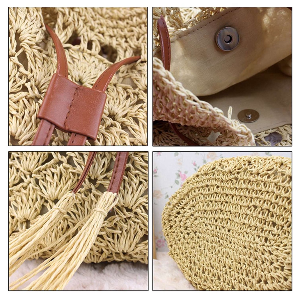Túi cói Bucket đeo vai - dây rút tua rua - đan hoa văn vỏ sò - phong cách Vintage