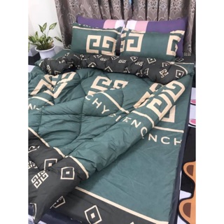 Bộ Chăn Ga Gối Cotton Poly Chăn Chần Phao 5 Món Givenchy Xanh