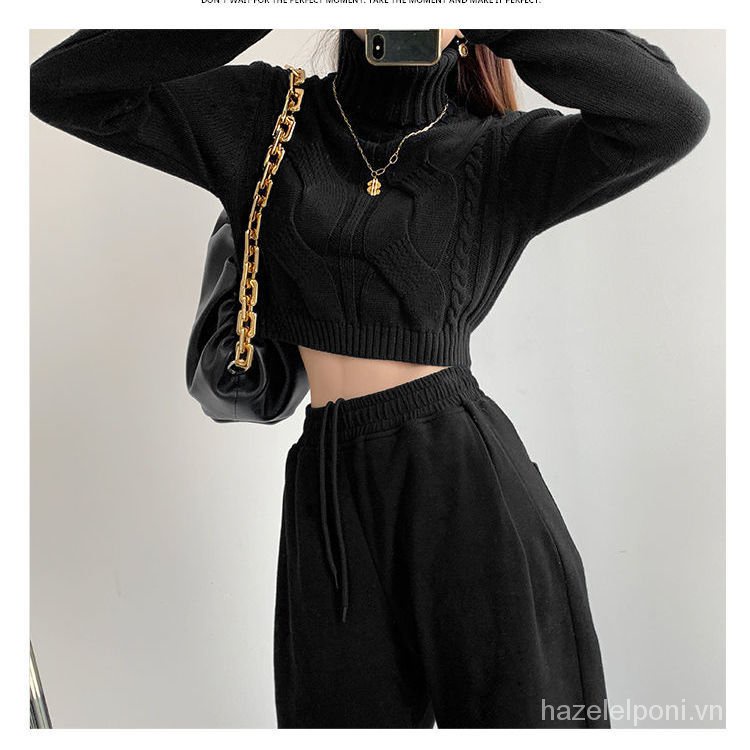 Áo len croptop tay dài cổ cao dáng rộng thời trang mùa thu mới cho nữ