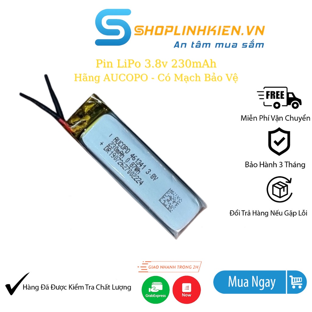 Pin LiPo 3.8v 230mAh Có Mạch Bảo Vệ 4.6x13x41MM Hãng AUCOPO Xuất Hàn chế pin tai nghe led-Shoplinhkienm2m