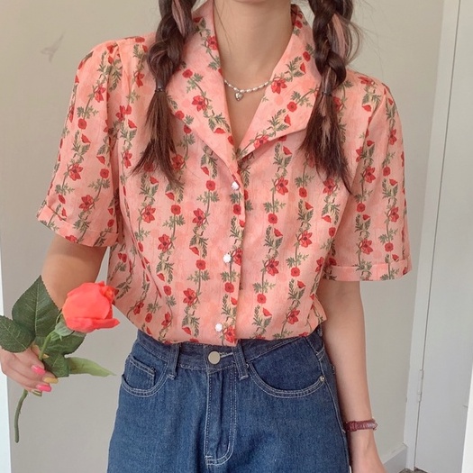 【ZHELIHANGFEI】Áo Sơ Mi Hoa Dài Tay Lưng Cao Xinh Xắn Dễ Phối Đồ