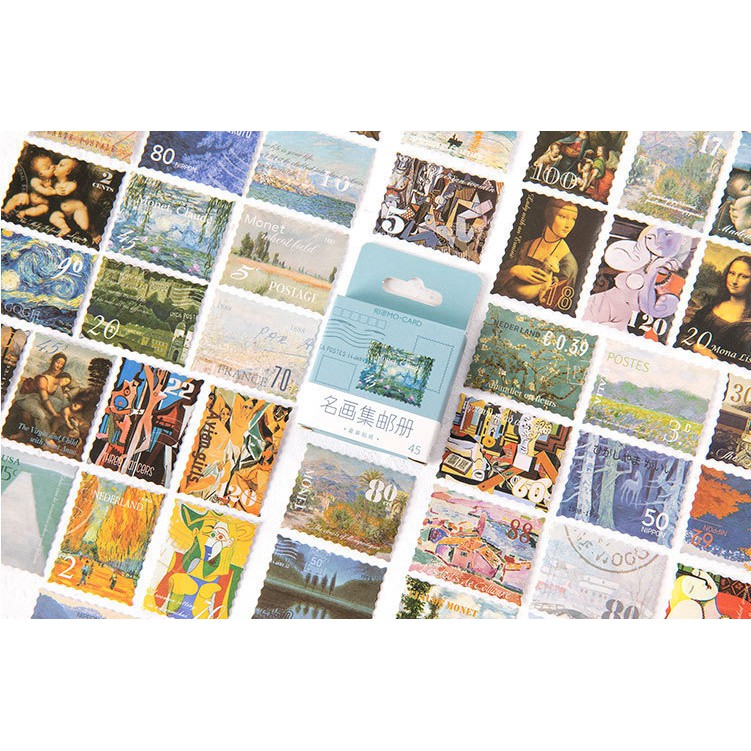 bộ 45 sticker vintage tác phẩm hội họa - sticker con tem