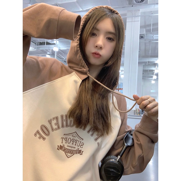 Áo hoodie nữ tay dài dáng rộng in hình màu sắc retro dễ phối đồ phong cách Mỹ