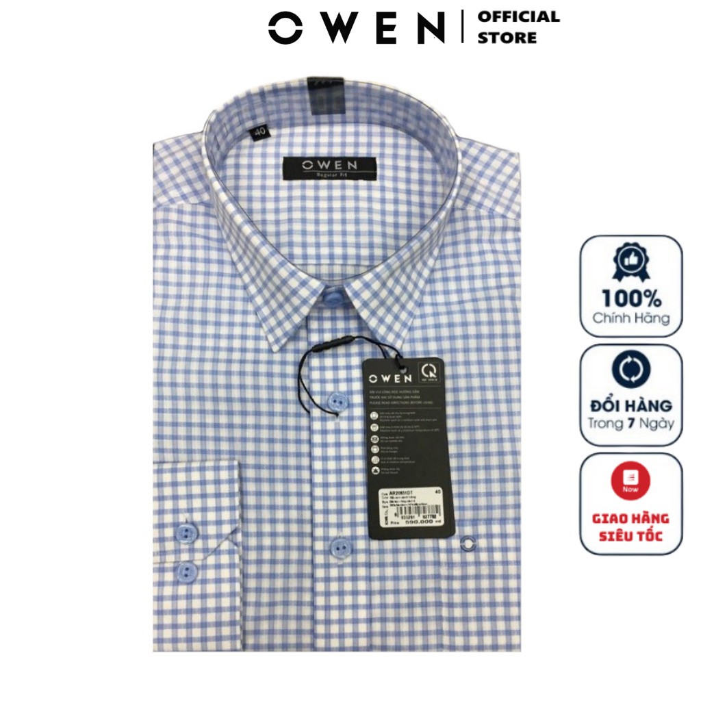Áo Sơ Mi Nam Dài Tay Owen AR20851DT Somi Công Sở Cao Cấp Màu Kẻ Caro Xanh Trắng Chất Sợi Tre Mềm Mát Dáng Suông Có Túi