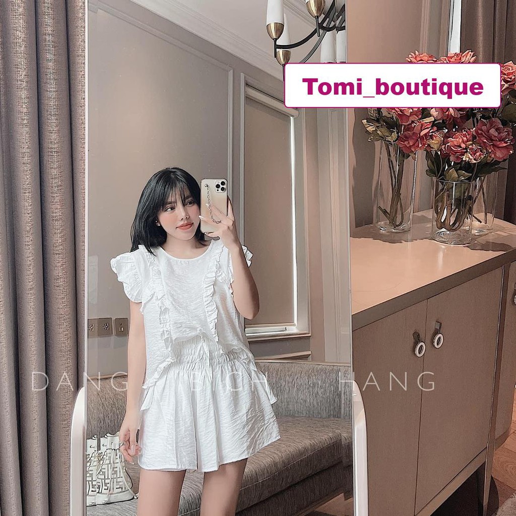 Set mặc ở nhà nữ Vải đũi tơ quảng châu áo phối bèo + quần sooc- Tomi boutique