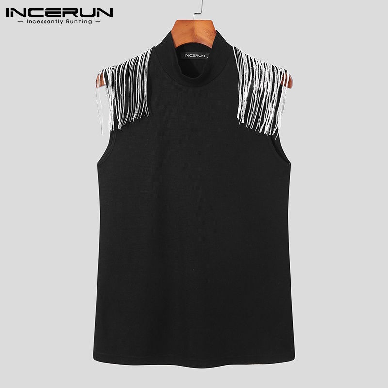 Áo thun INCERUN không tay dáng ôm phối tua rua màu trơn sành điệu cho nam