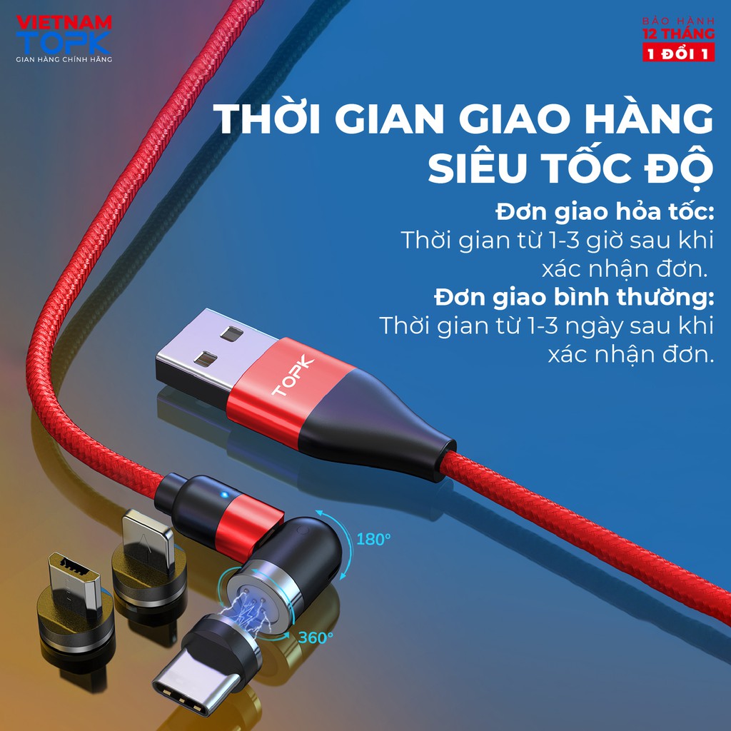Dây sạc nam châm 3 đầu TOPK AM66 - Sạc nhanh QC 3.0 - Hàng bảo hành 12 tháng