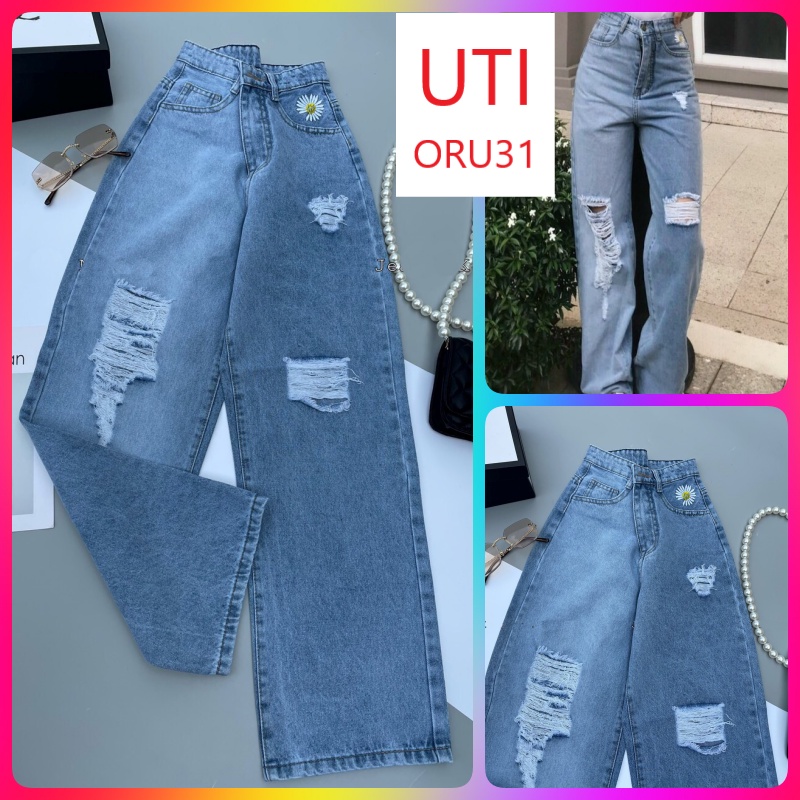 [ ORU31 ] QUẦN JEAN ỐNG RỘNG NỮ LƯNG CAO THÊU HOA CÚC PHỐI LOANG MÀU XANH RÁCH LAI CUỐN CAO CẤP UTI