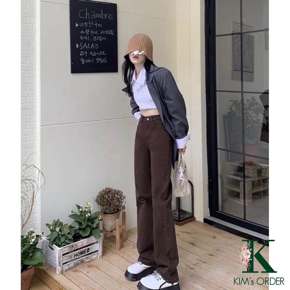 Quần Jean Ống Nữ Cạp Cao Màu Nâu Màu Đen Loại 1 Chuẩn Phom Phong Cách Retro Cá Tính Mặc Đi Học Đi Chơi Năng Động