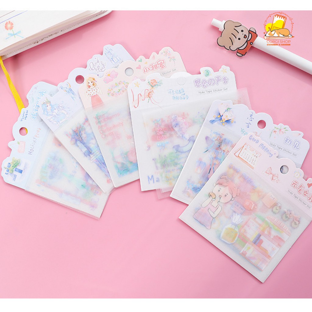 Set 4 tờ sticker dạng washi độc đáo cô gái, công chúa hoạt hình dễ thương - Corgi Shop